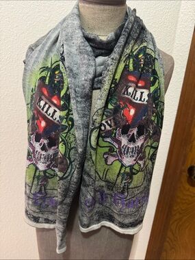 Vintage Ed Hardy Green Gray Skull & Heart Graphic Scarf with Rhinestones